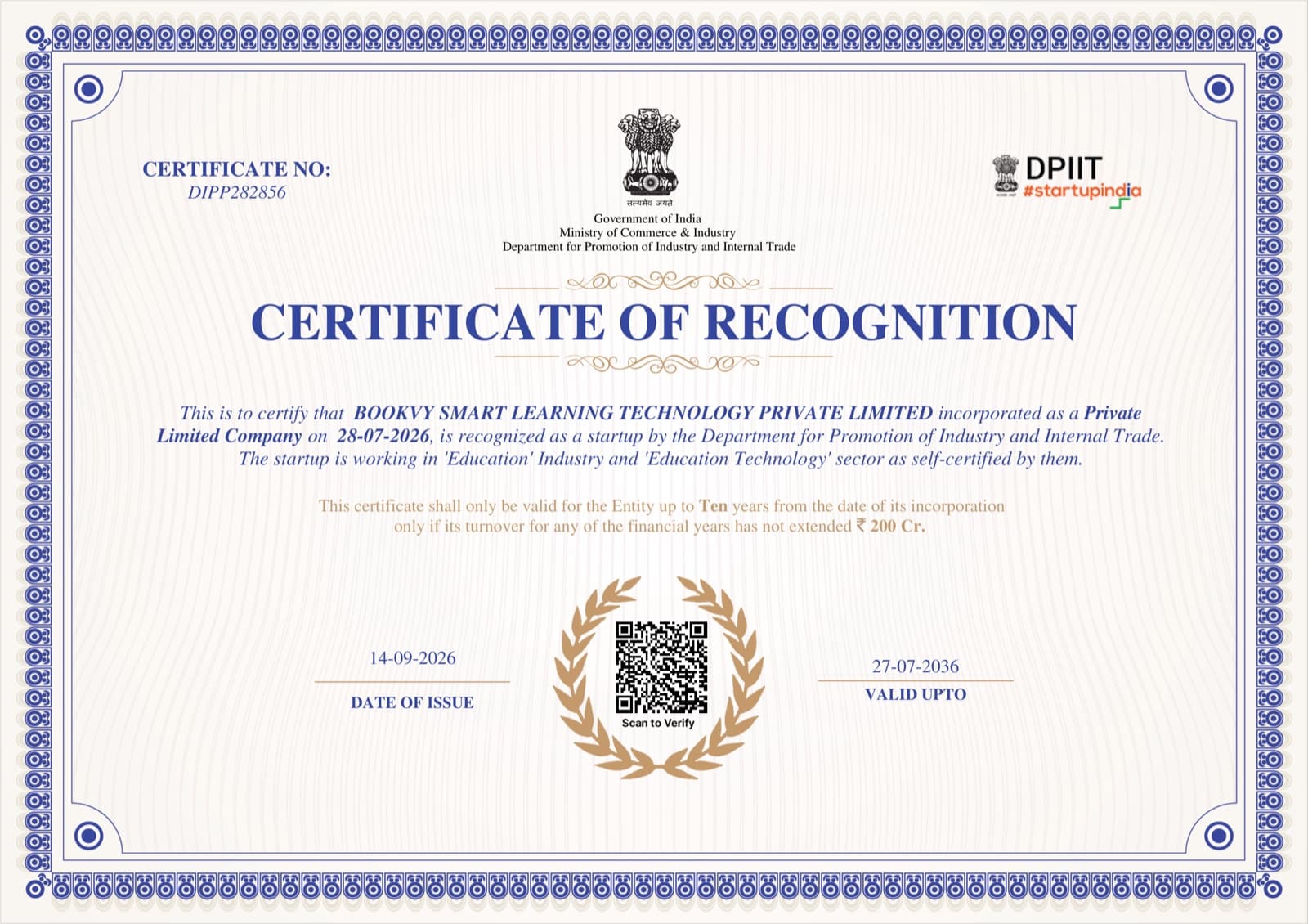 Startup India (DPIIT) Certificate of Recognition for Bookvy Smart Learning Technology Private Limited